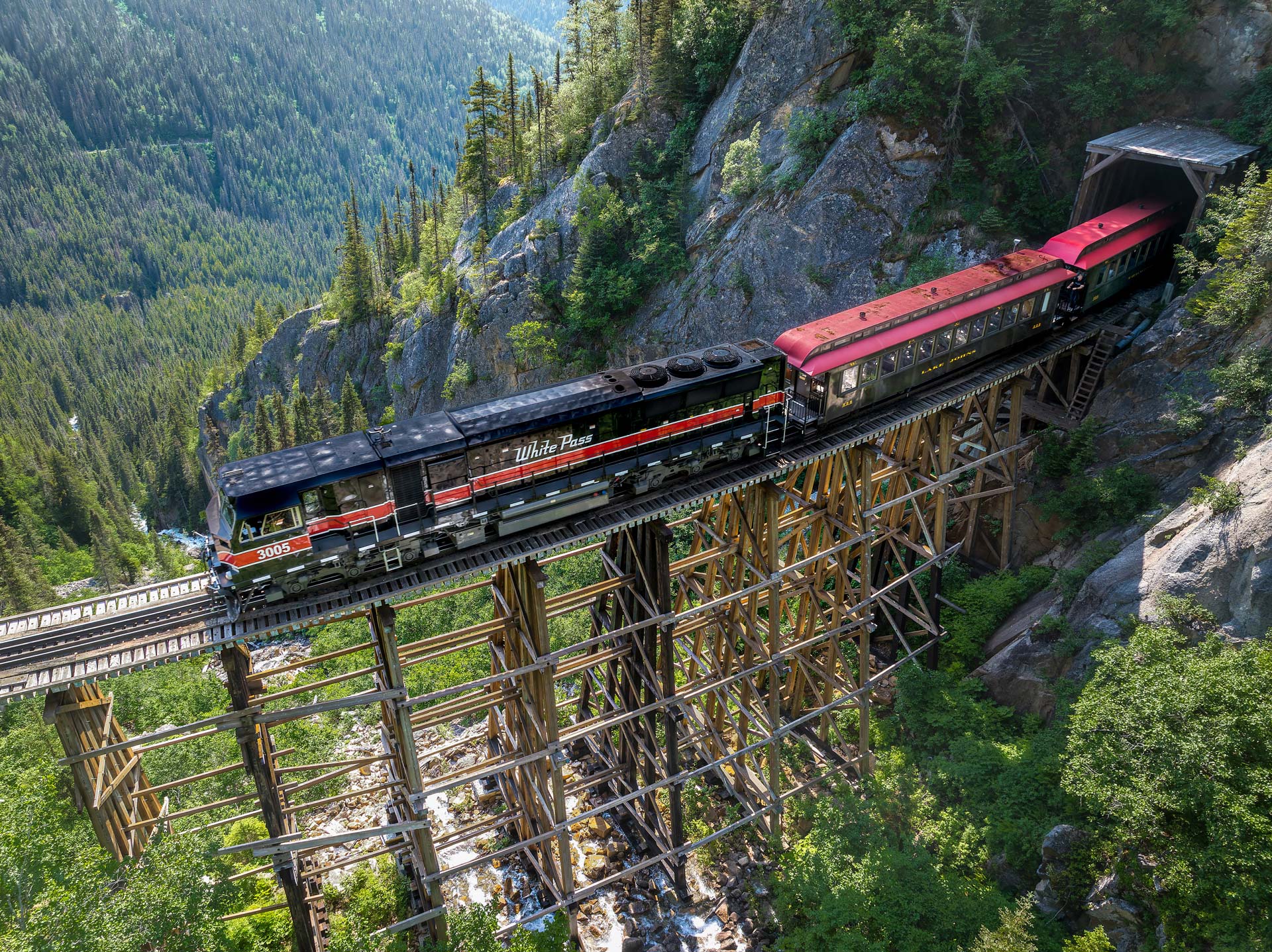 White Pass & Yukon Route train winding through the mountains above Skagway